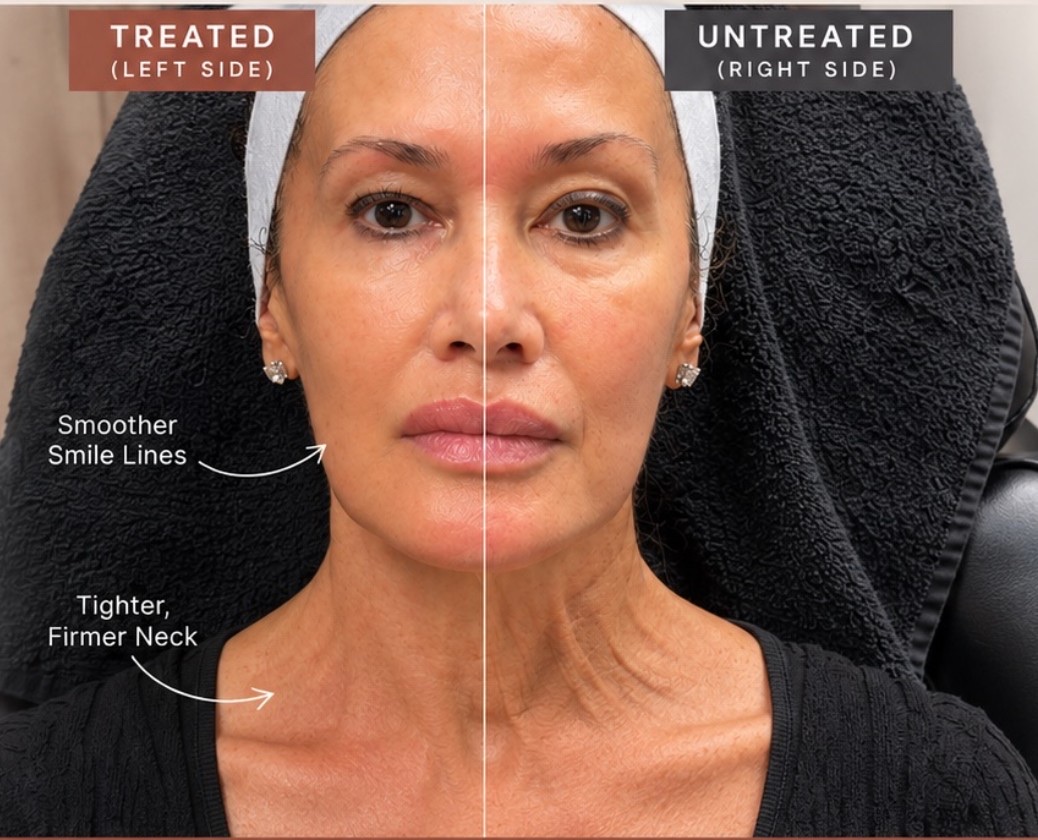 XERF skin tightening split-face before and after: smoother smile lines and tighter neck on the treated side
