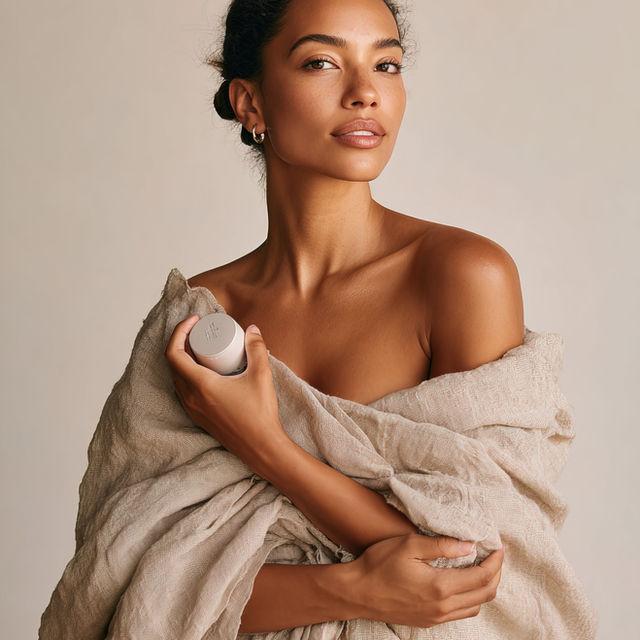 Woman with radiant skin holding a skincare product, wrapped in natural linen