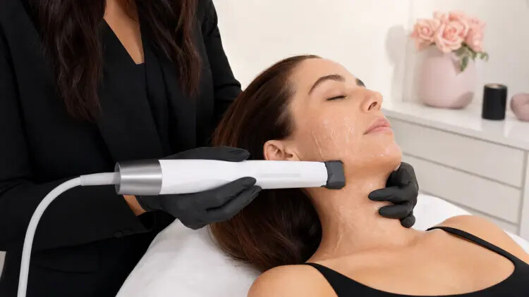 XERF radiofrequency skin tightening treatment being performed on a client