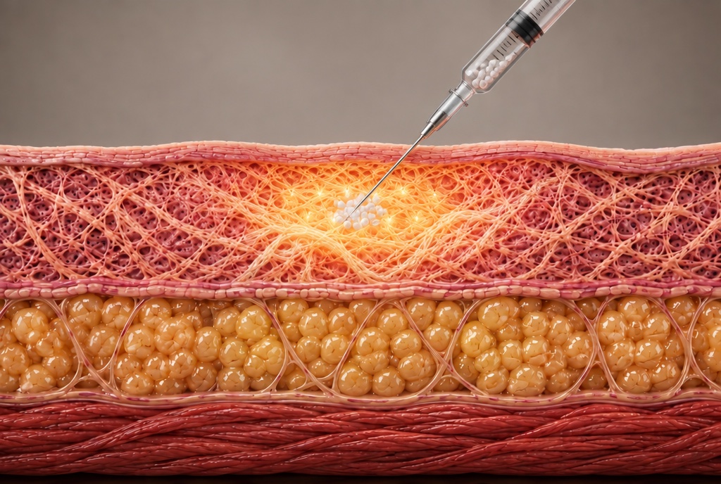 Cross-section render of Sculptra PLLA microspheres in the dermis with new collagen fibers forming around them